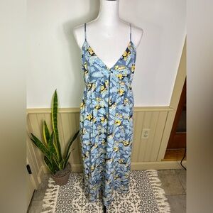 Patagonia Pataloha Strappy Maxi Dress L Blue Yellow Bird Floral Pockets Vacation